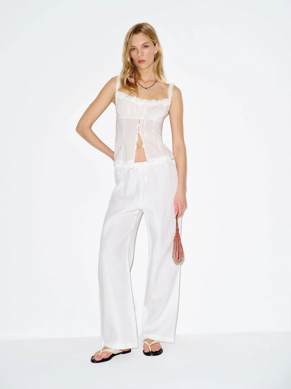 Reformation White Linen Wide-Leg Drawstring Pants